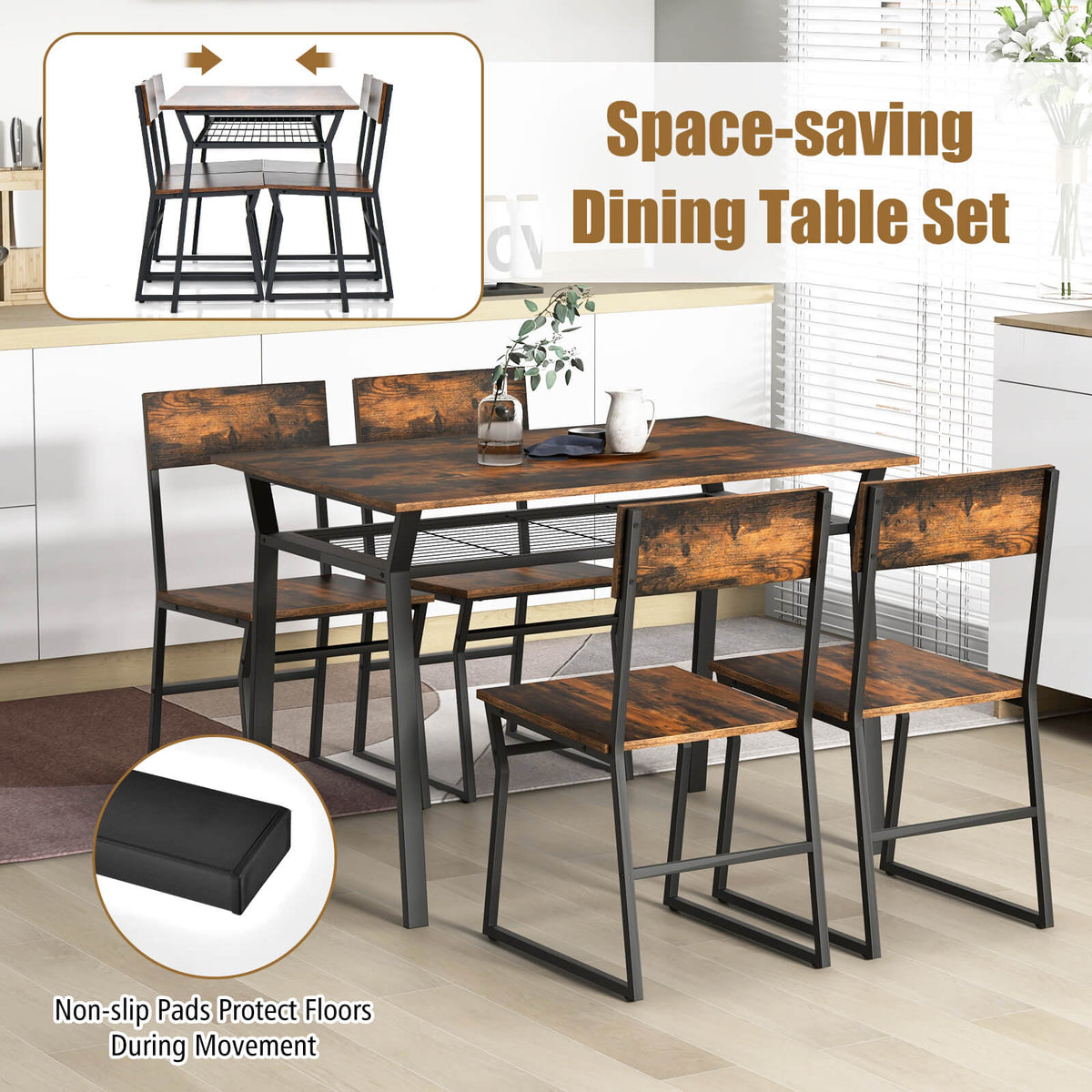 5 Piece Dining Table Set with Storage Rack and Metal Frame-Rustic Brown