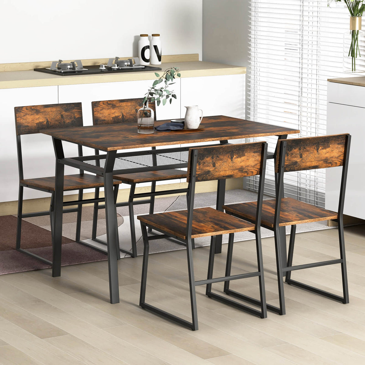 5 Piece Dining Table Set with Storage Rack and Metal Frame-Rustic Brown