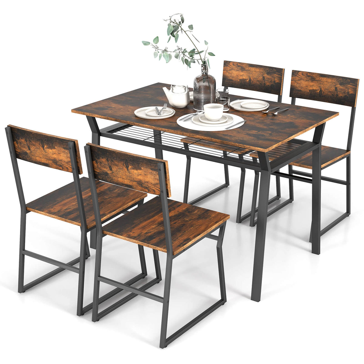 5 Piece Dining Table Set with Storage Rack and Metal Frame-Rustic Brown