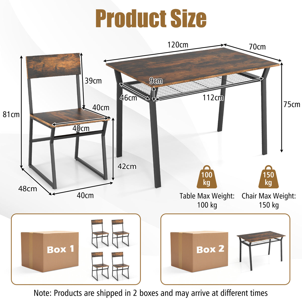 5 Piece Dining Table Set with Storage Rack and Metal Frame-Rustic Brown