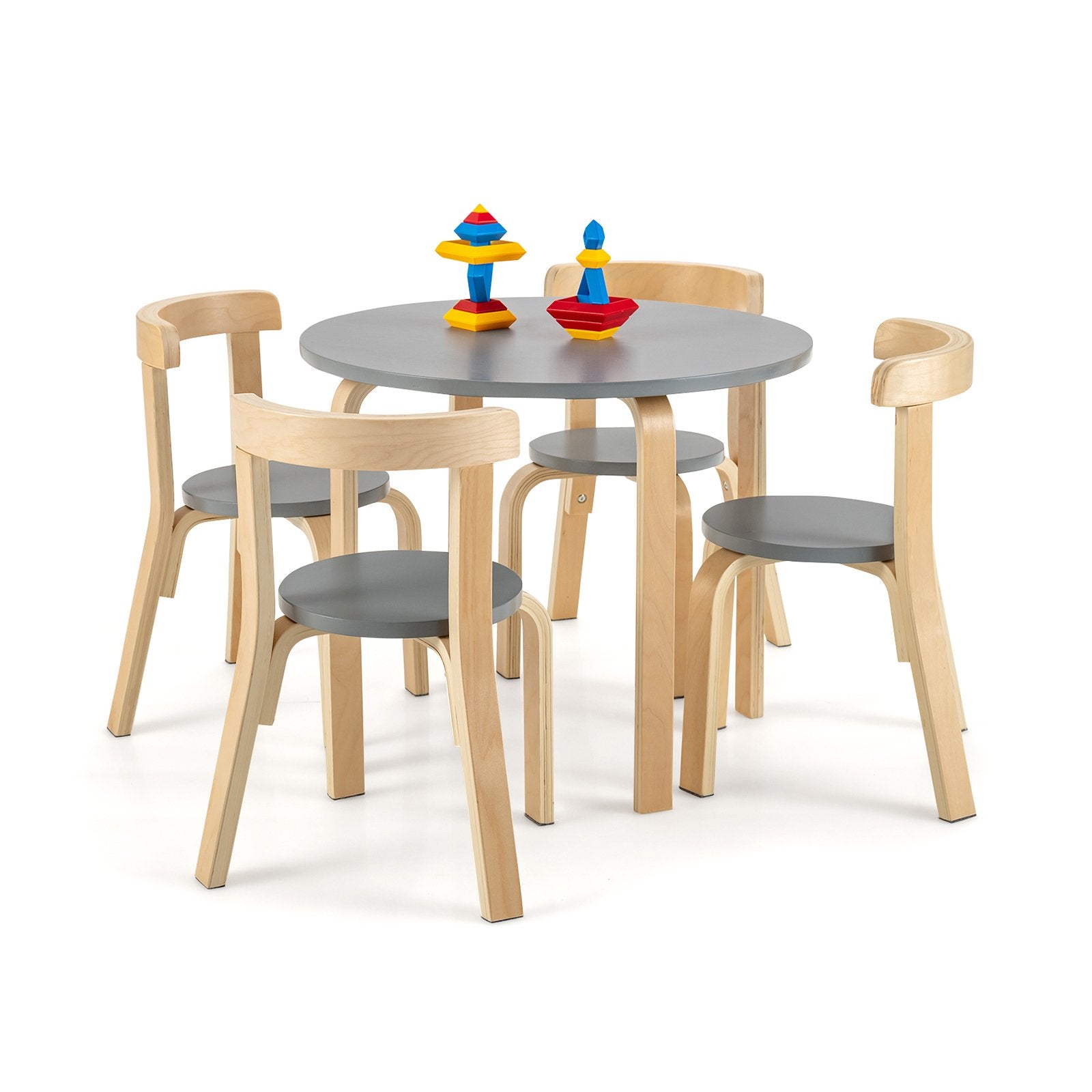 5 Pieces Kids Bentwood Curved Back Table and Chair Set-Grey