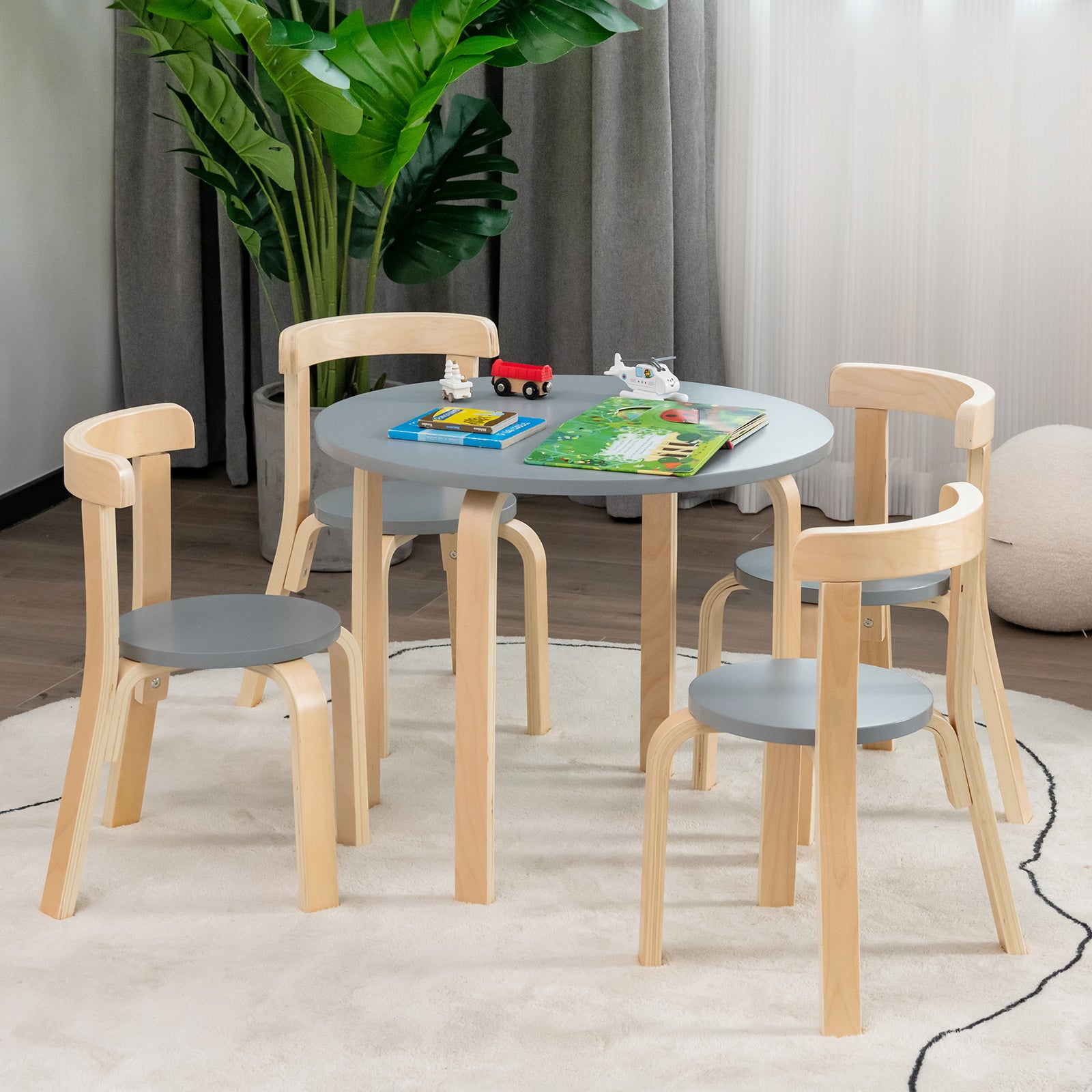 5 Pieces Kids Bentwood Curved Back Table and Chair Set-Grey