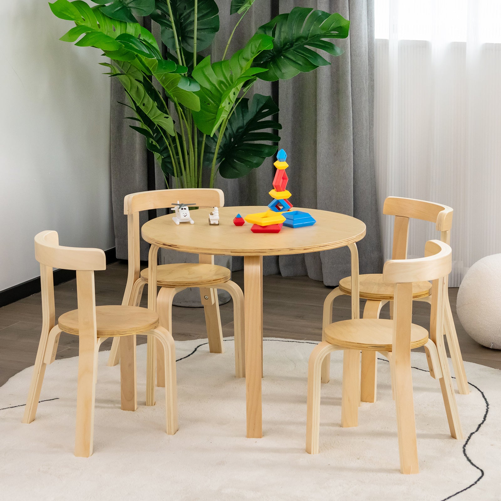 5 Pieces Kids Bentwood Curved Back Table and Chair Set-Natural