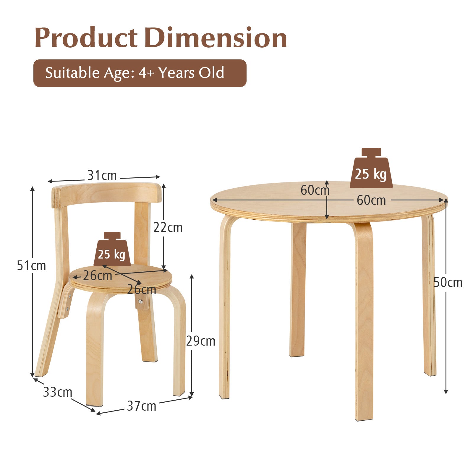 5 Pieces Kids Bentwood Curved Back Table and Chair Set-Natural