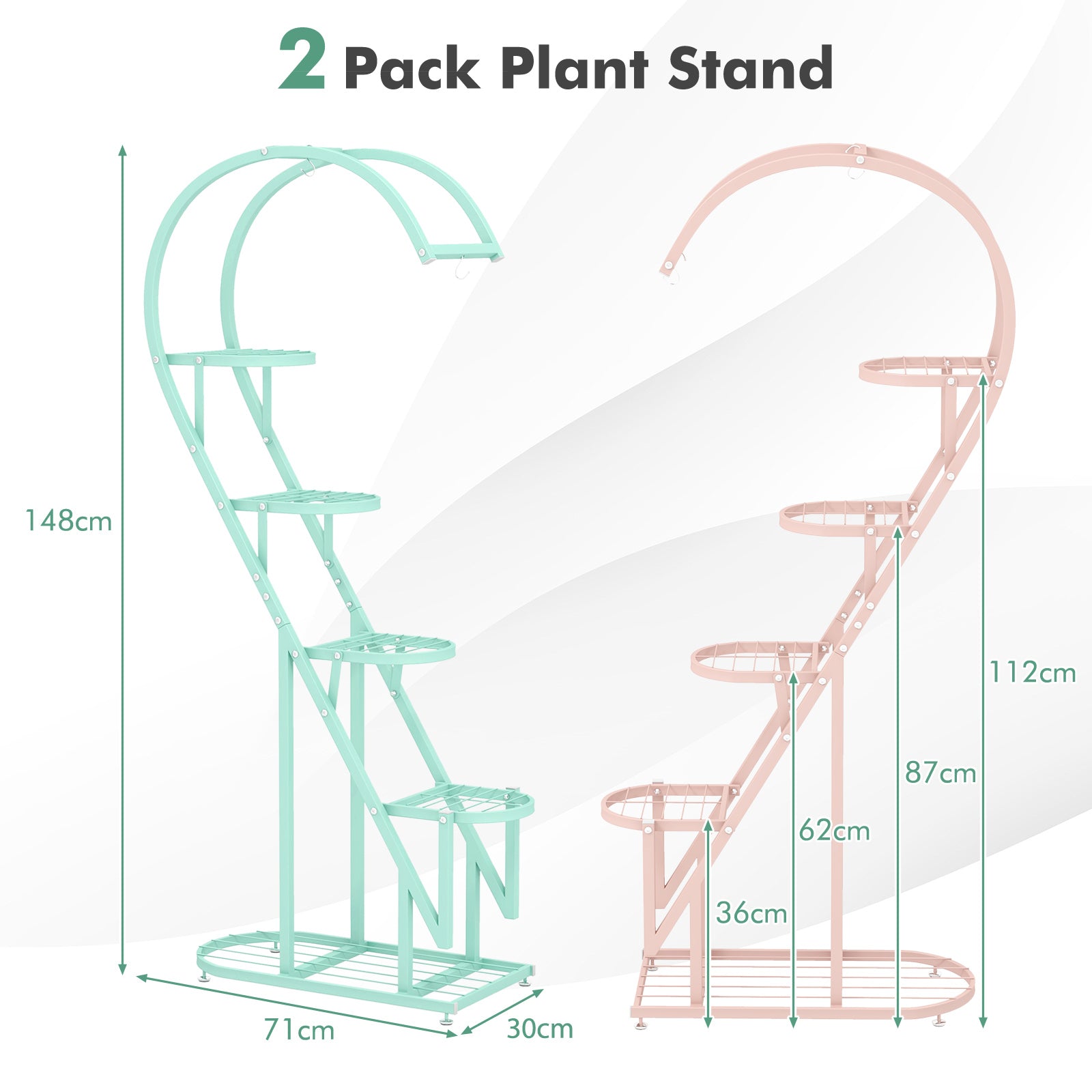 5-Tier Metal Heart-shaped Plant Stand with Hanging Hooks-Pink &amp; Blue