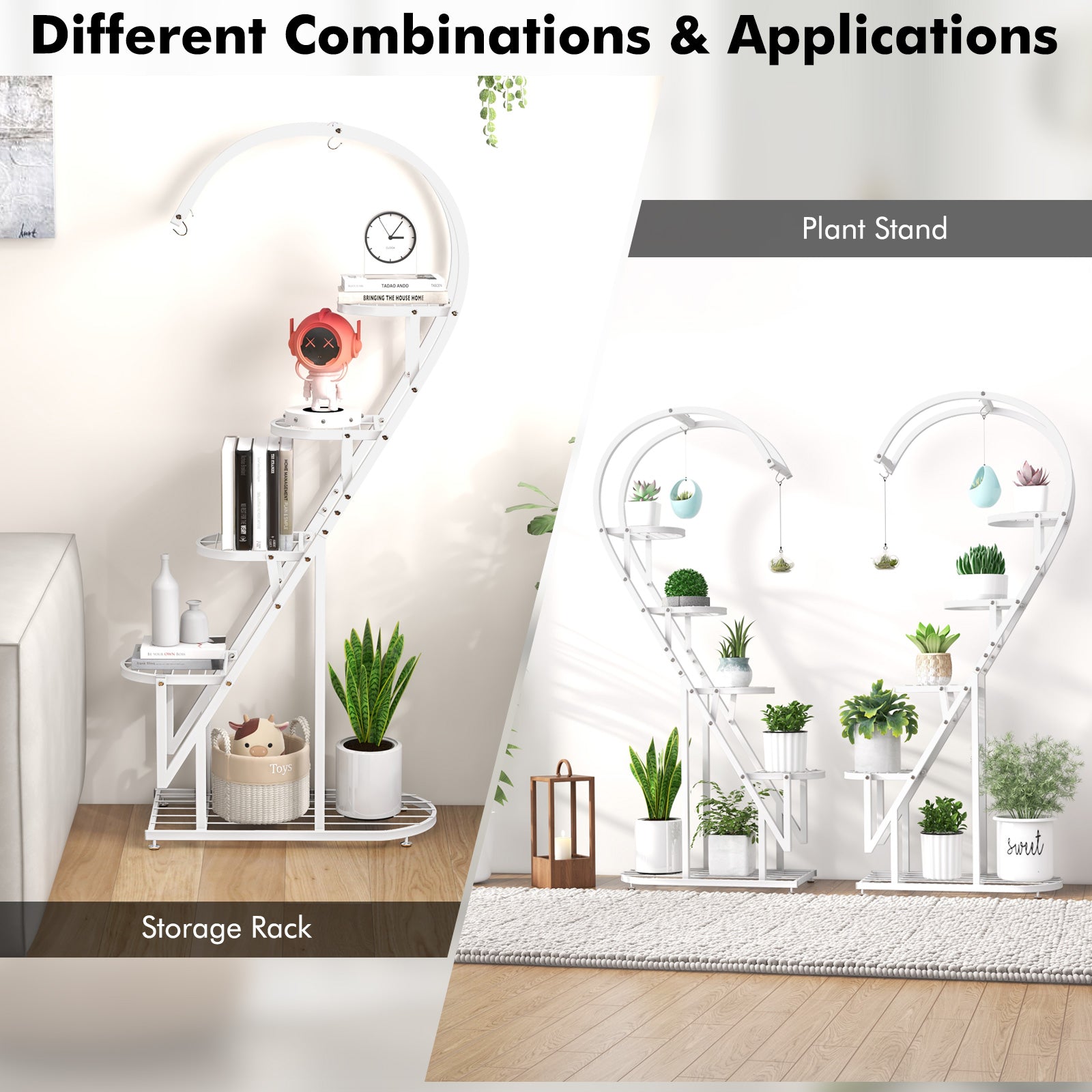 5-Tier Metal Heart-shaped Plant Stand with Hanging Hooks-White