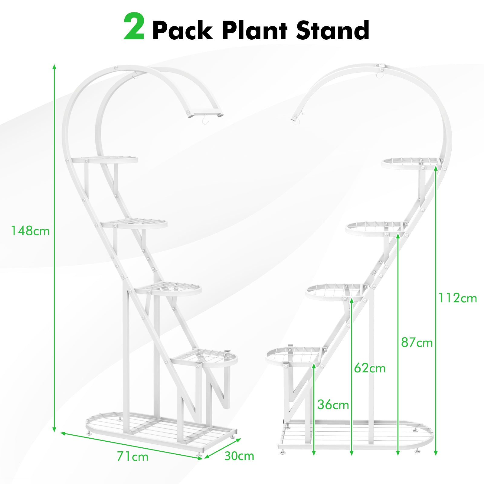 5-Tier Metal Heart-shaped Plant Stand with Hanging Hooks-White