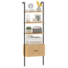 5-Tier Wall-Mounted Ladder Bookcase with Rattan Cabinet and Metal Frame-Natural