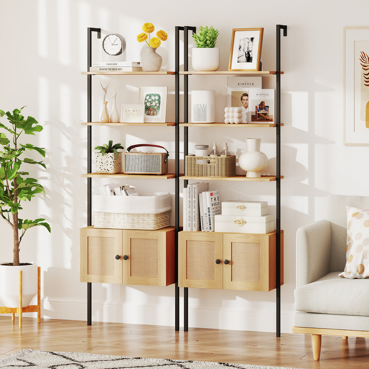 5-Tier Wall-Mounted Ladder Bookcase with Rattan Cabinet and Metal Frame-Natural