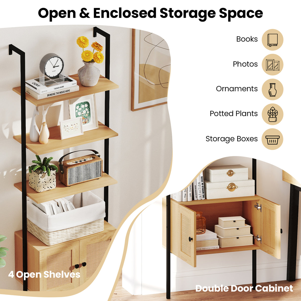 5-Tier Wall-Mounted Ladder Bookcase with Rattan Cabinet and Metal Frame-Natural