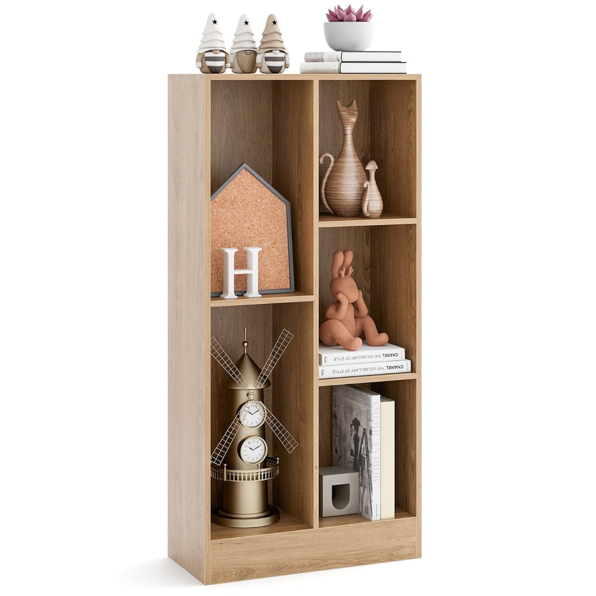 The natural wood effect bookcase with decorative items and books on its shelves