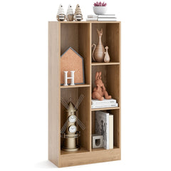 The natural wood effect bookcase with decorative items and books on its shelves