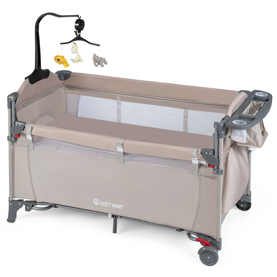 5-in-1 Baby Bassinet Bedside Sleeper with Diaper Changer and Hanging Toys-Sand Color