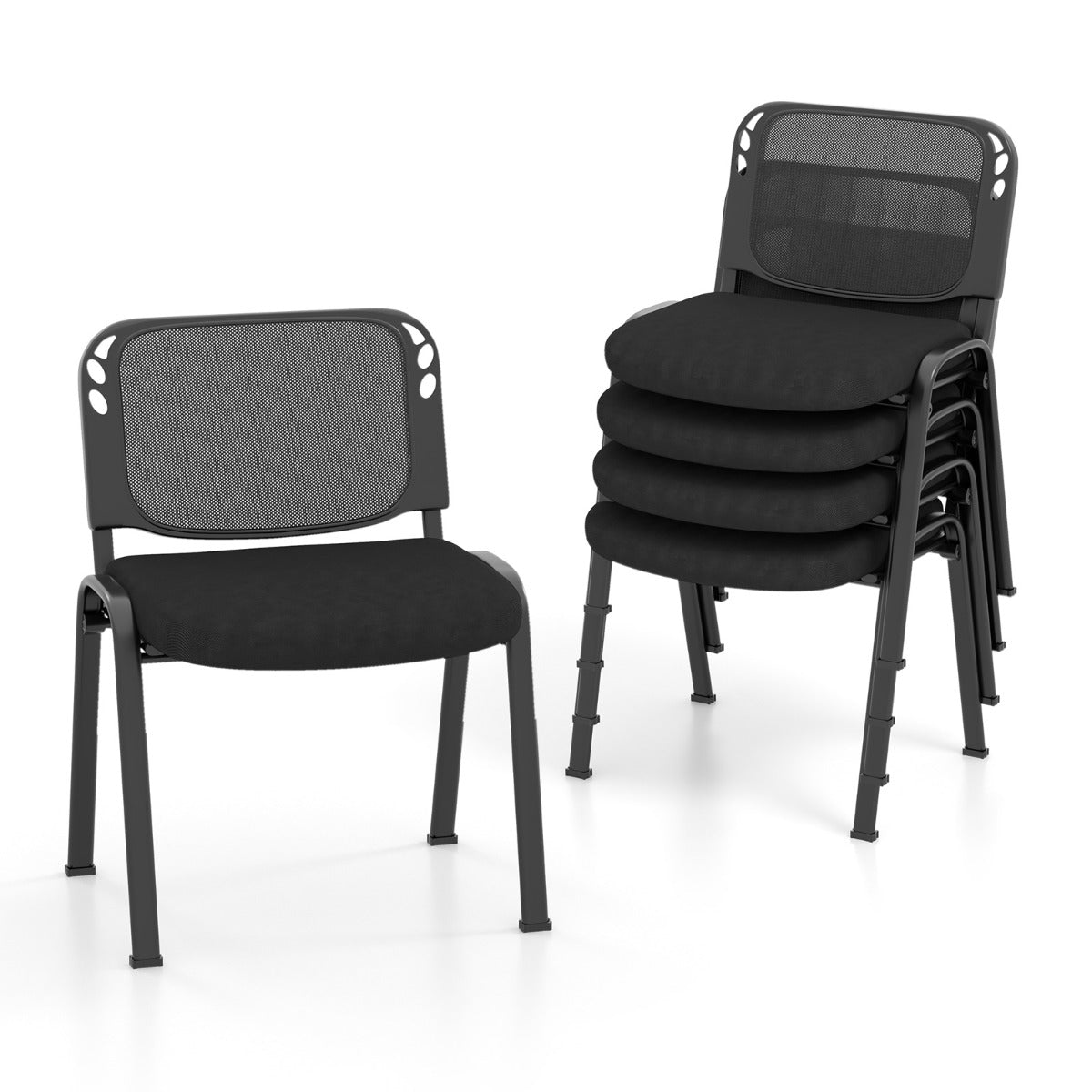 One office chair standing next to a stack of four chairs on a plain white background