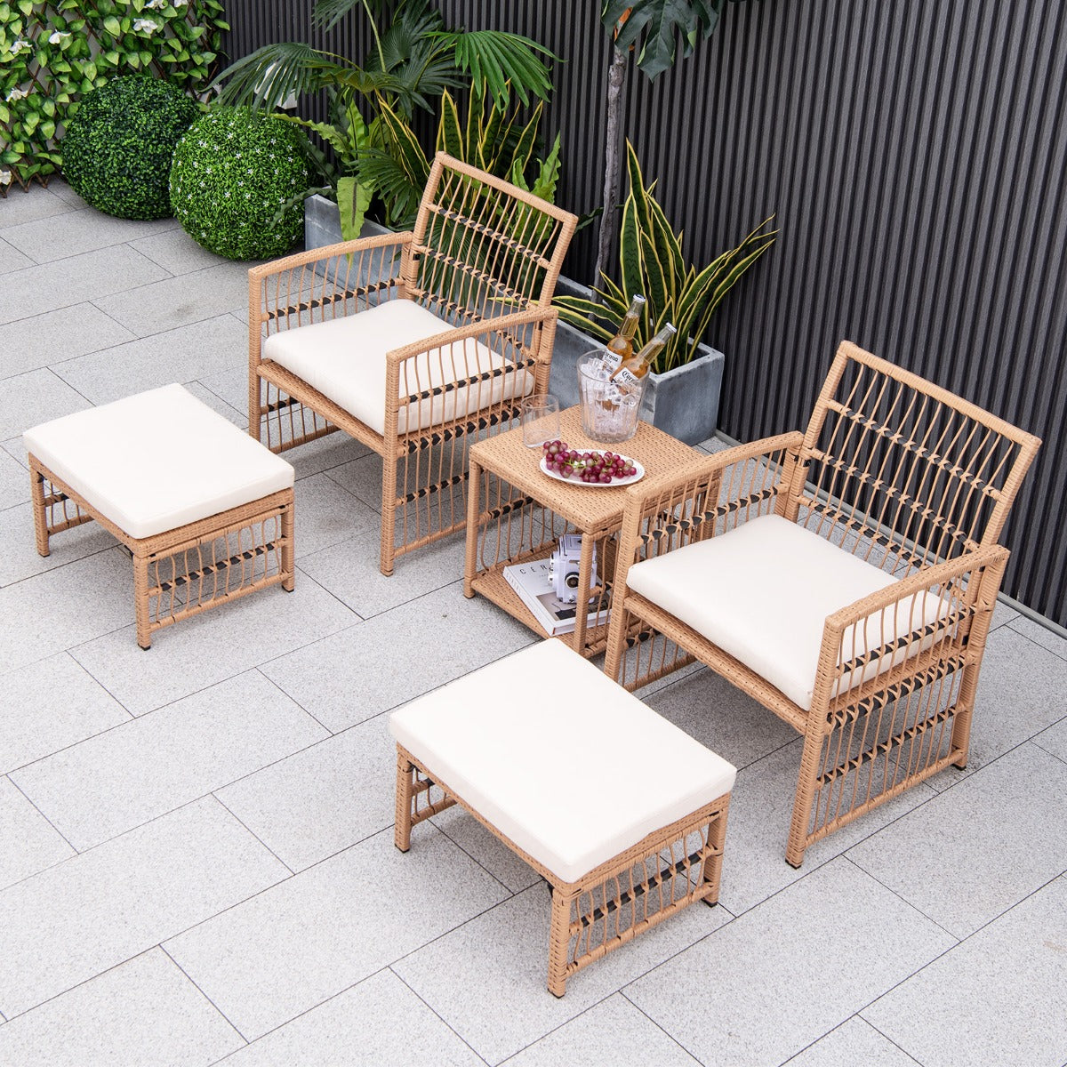 Outdoor Rattan Conversation Set with Seat and Back Cushions for Backyard Poolsida-Natural
