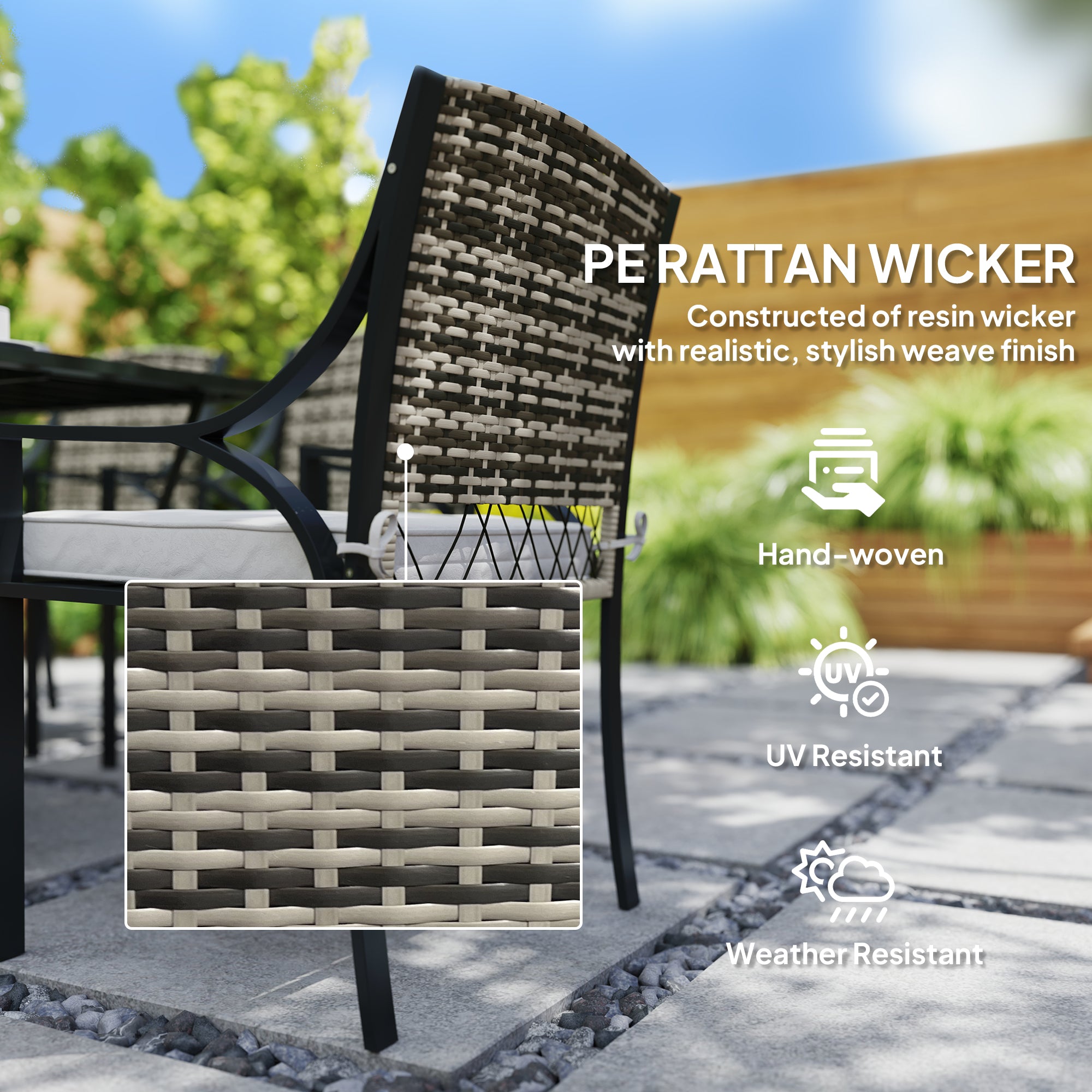 Outsunny Rattan Garden Furniture Set with Cushions, 6 Seater Rattan Dining Set with 6 Armchairs, 150 x 96cm Rectangular Table, Umbrella Hole, for Outdoor, Patio, Balcony, Terrace, Conservatory