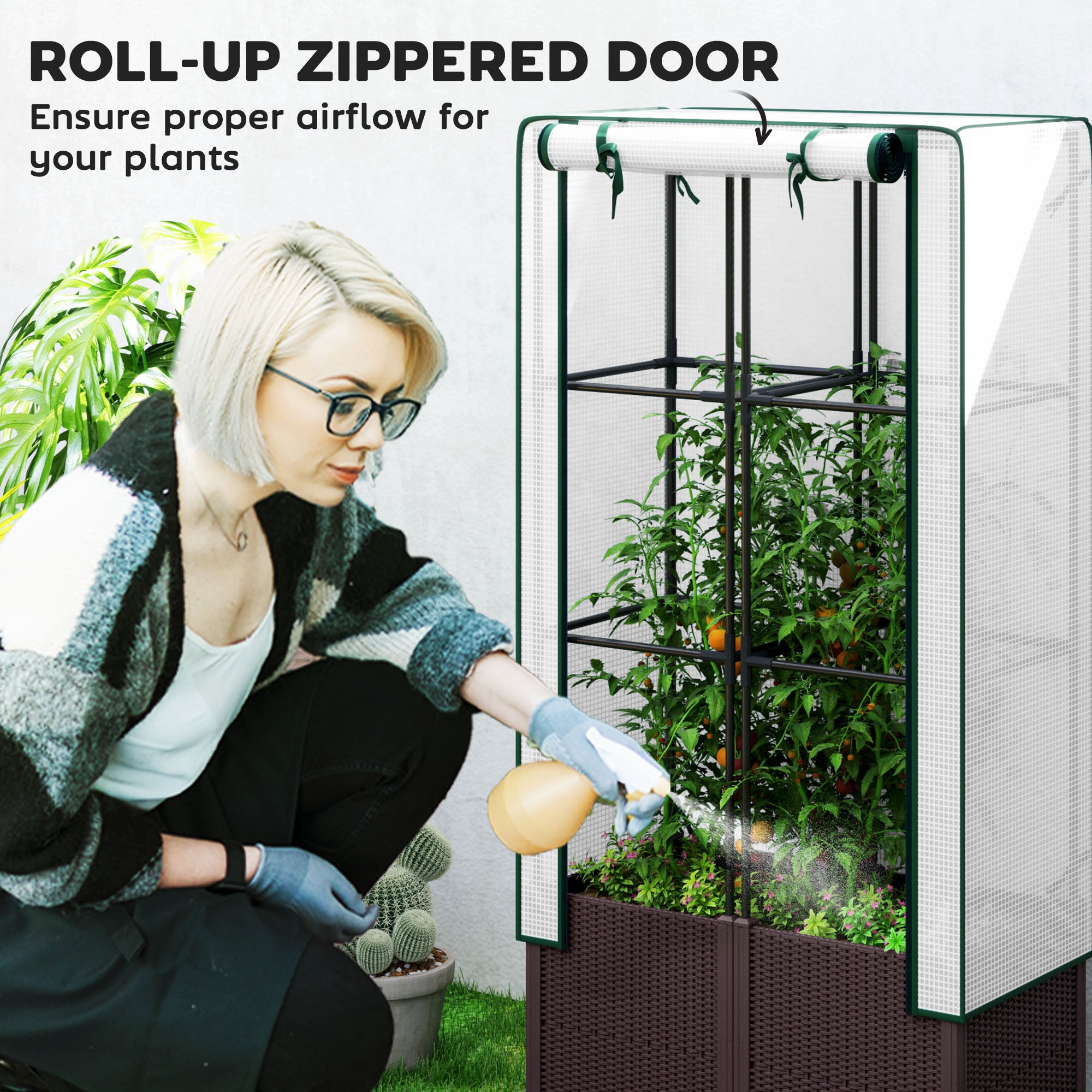 Outsunny Raised Garden Bed with Trellis, Plastic Planter Box with PE Cover, Drainage Holes, Drain Plugs and Water Reservoirs for Climbing Plants, Vegetables, Flowers, 80 x 40 x 140 cm