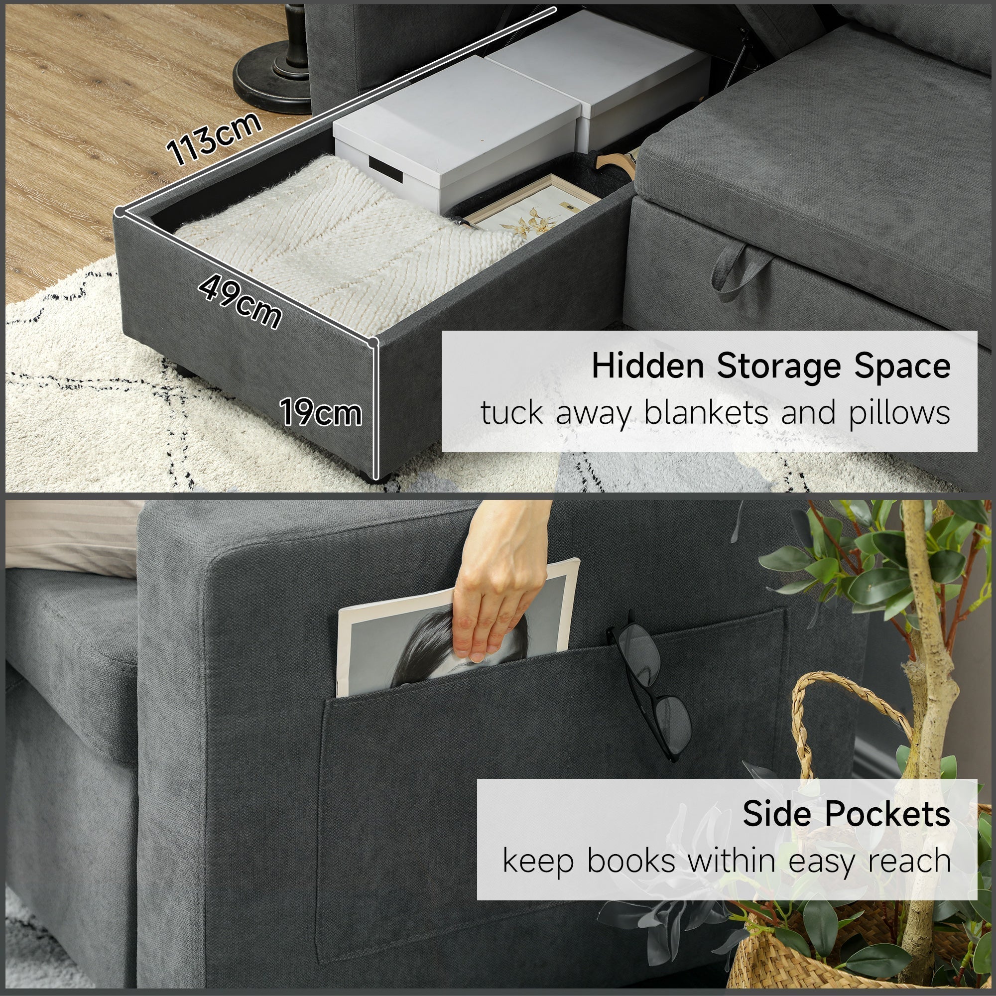 HOMCOM Pull Out Sofa Bed with Storage - Charcoal Grey