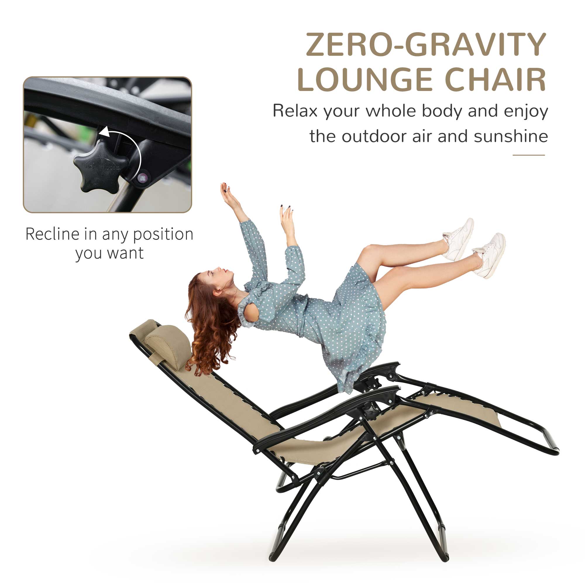 Outsunny Folding Zero Gravity Chairs, 3 Pieces Adjustable Sun Lounger and Table Set with Cup Holder and Headrest, Patio Bistro Set with Reclining Garden Chairs for Outdoor, Beige