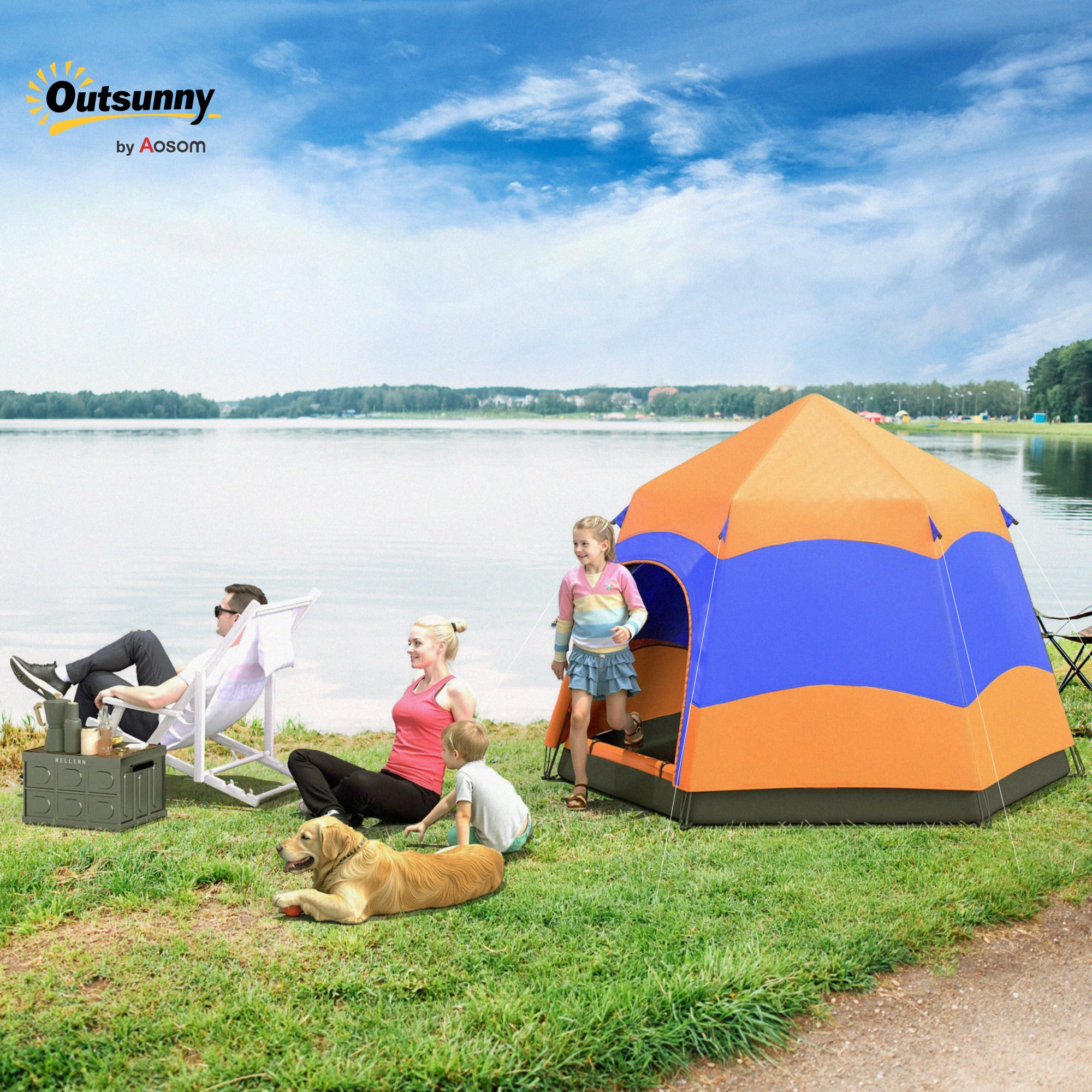 Outsunny Six Man Hexagon Camping Tent with Hang Hook and Carry Bag - Orange and Blue