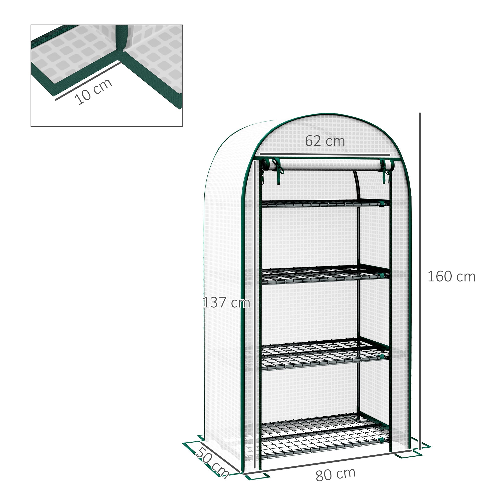 Outsunny 4 Tier Mini Greenhouse for Outdoor, Portable Gardening Plant Green House with Storage Shelf, Roll-Up Zipped Door, Metal Frame and PE Cover, 80 x 49 x 160cm, White