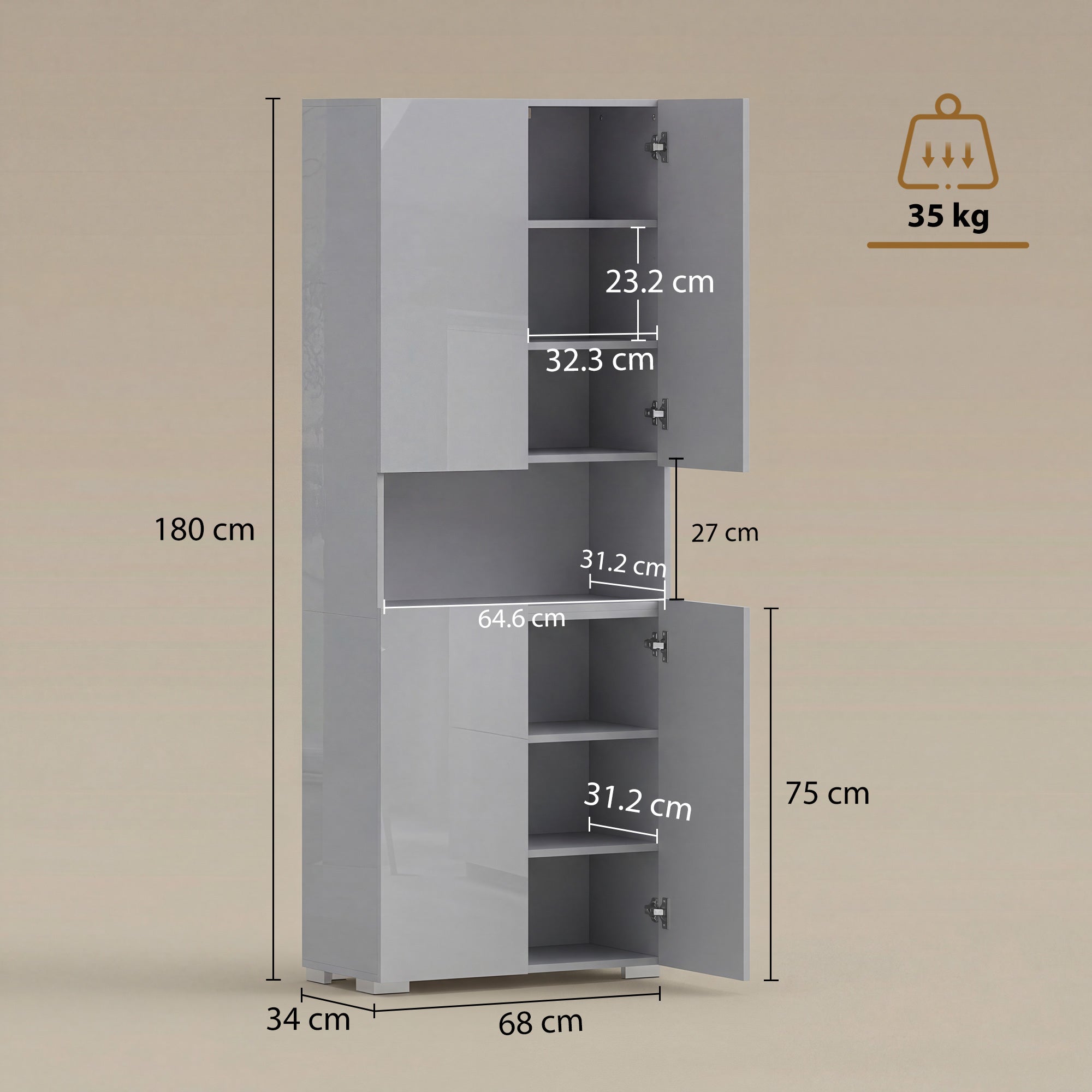 HOMCOM 180 cm Tall Kitchen Cupboard, Pantry Storage Cabinet with Soft Close Doors and Adjustable Shelves, High Gloss Grey