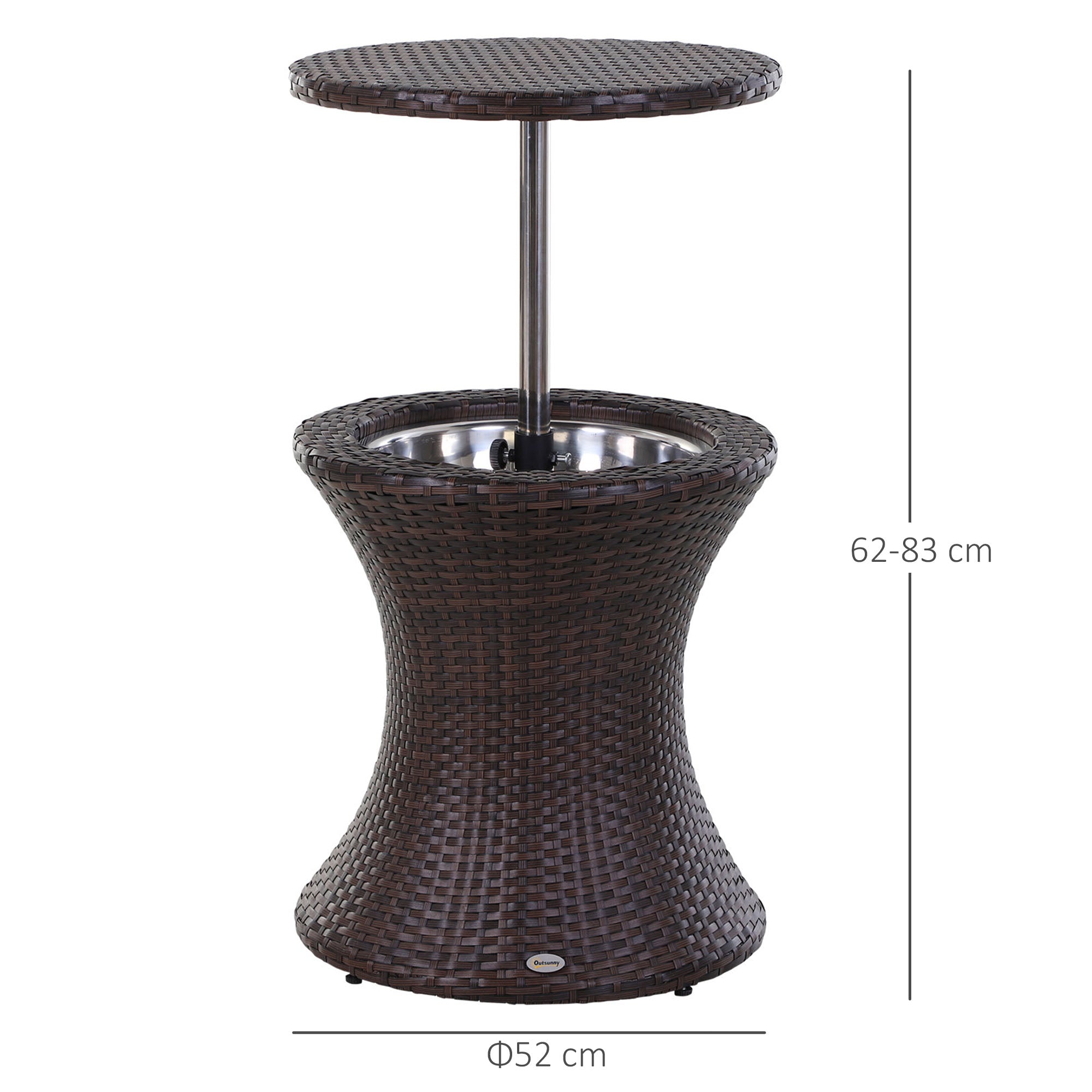Outsunny PE Rattan Ice Bucket Table, Height Adjustable Liftable Outdoor Drinks Cooler, 52 cm Round Garden Beer Cocktail Table with Lid for Bar, Patio, Terrace, Brown