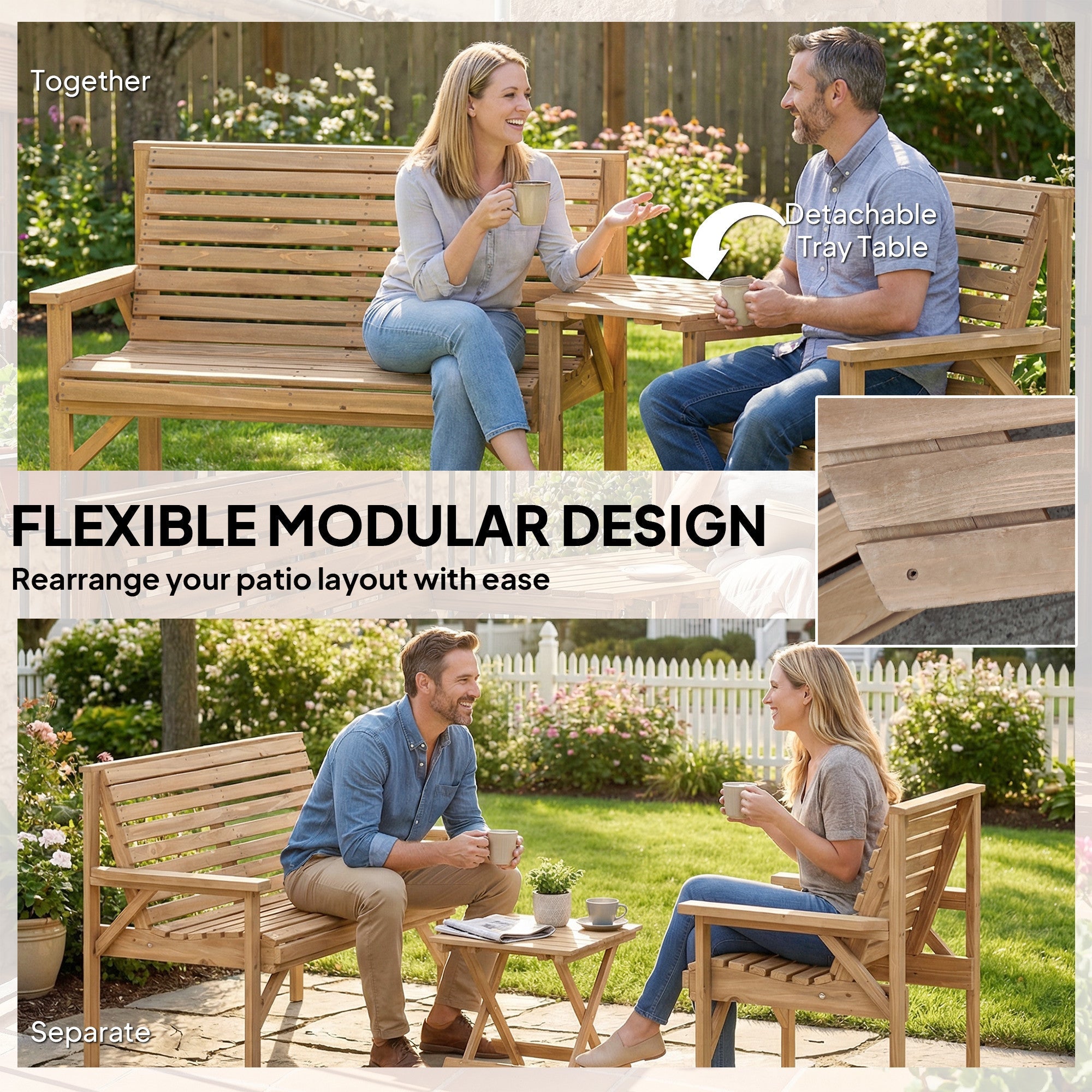 Outsunny Wooden Garden Furniture Set , 1 Chair, 1 Bench and Detachable Table, Natural Wood Finish