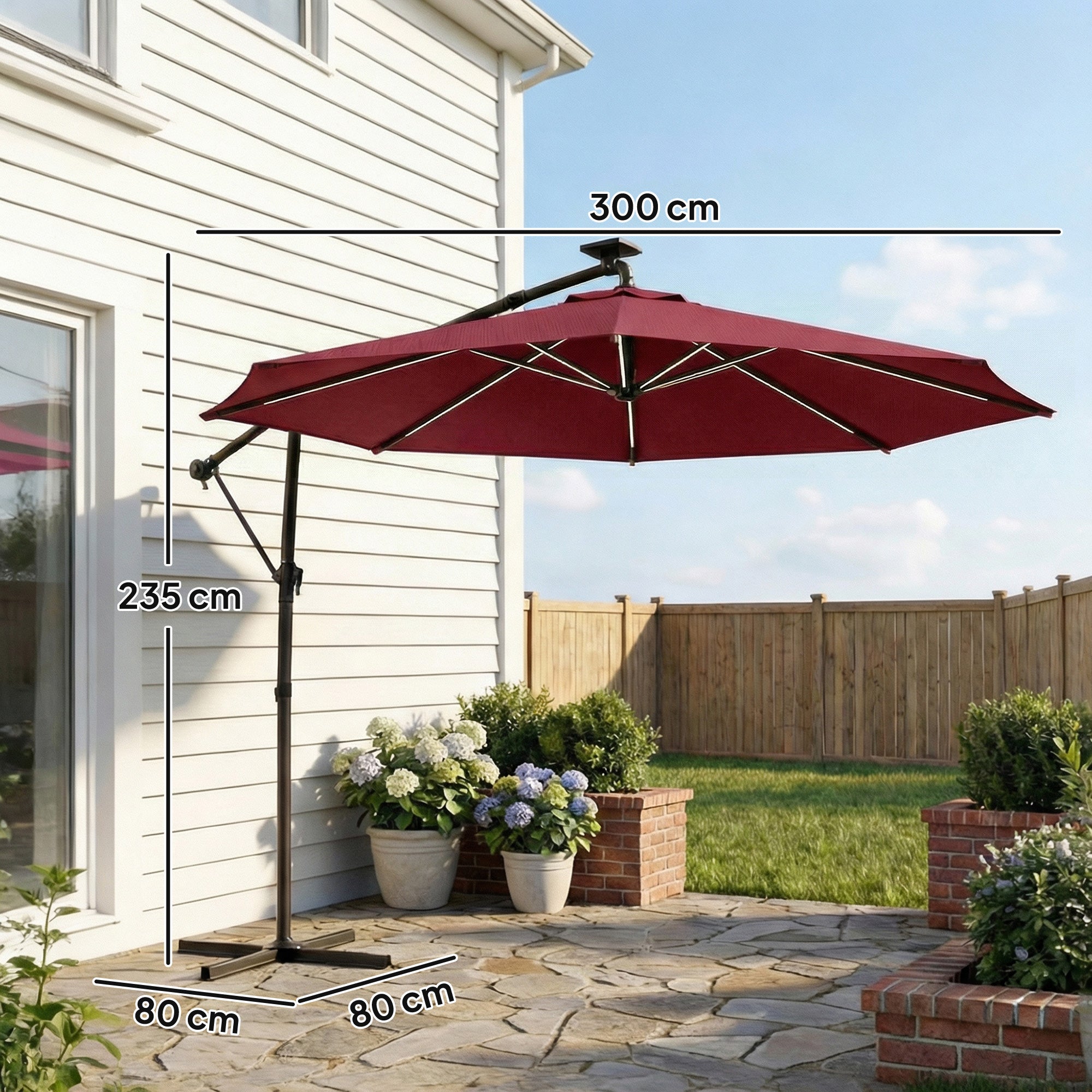 Outsunny 3 m Garden Cantilever Parasol with LED Solar Light, Round Overhanging Umbrella with 360 degrees Rotation, Cover, Wine Red