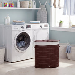 HOMCOM 100L Bamboo Laundry Basket with Lid, Washing Basket with 2 Compartments, Handles, Removable Liner, Brown