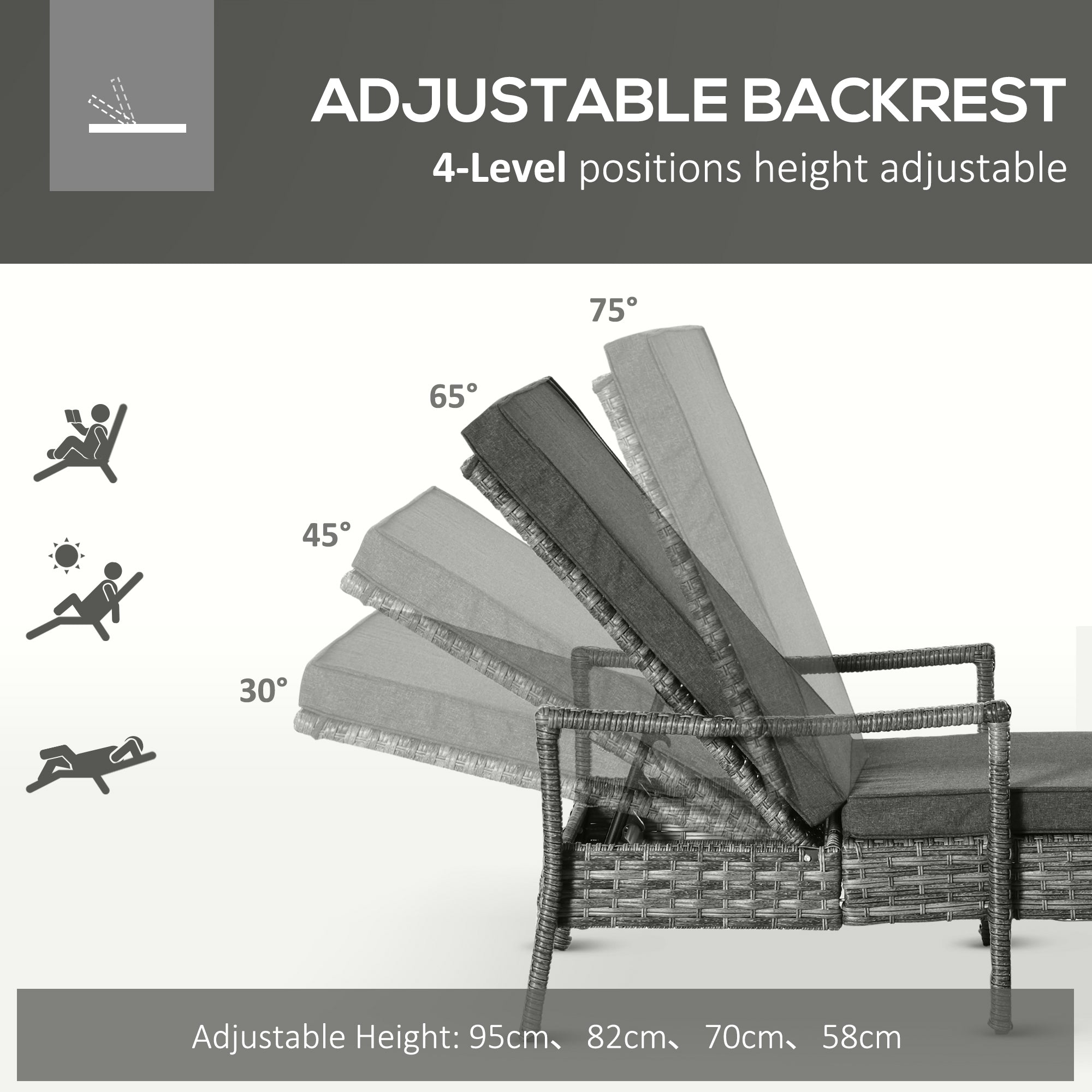 Outsunny PE Rattan Sun Loungers set of 2 with Cushion, Outdoor 2 Pieces Garden Sunbed Furniture with 4-Level Recliner Backrest, and Armrest, Grey