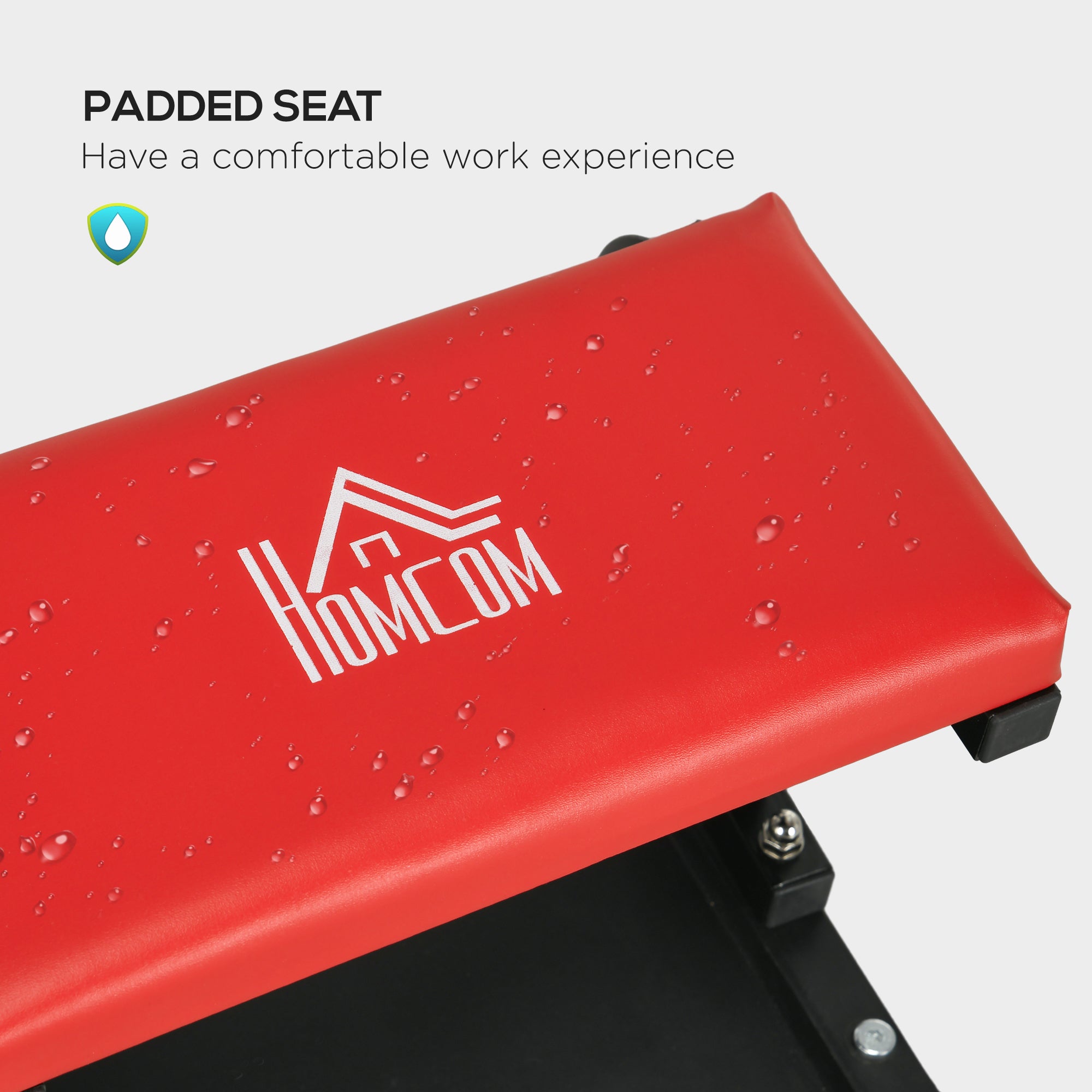 HOMCOM Workshop Stool, Rolling Machine Stool with 360√Ç¬∞ Swivel, Padded Seat, Tool Tray, Red