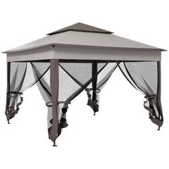 Outsunny 3.25 x 3.25m Pop Up Gazebo, Double-roof Garden Tent with Netting and Carry Bag, Party Event Shelter for Outdoor Patio, Brown and Grey
