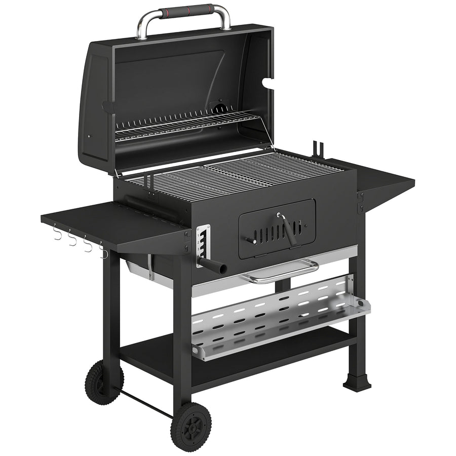 Outsunny Charcoal BBQ Grill Smoker with Electric Rotisserie Kit, Portable Barbecue Grill with Warming Rack, Black