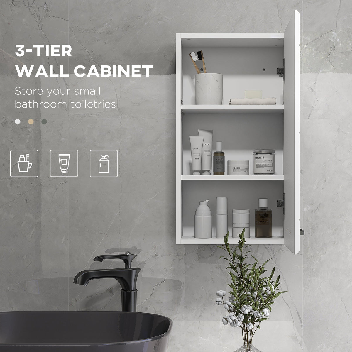 kleankin Bathroom Wall Cabinet, High Gloss Bathroom Storage Cabinet with Soft-Close Door, 3 Shelves, Adjustable Shelf, White