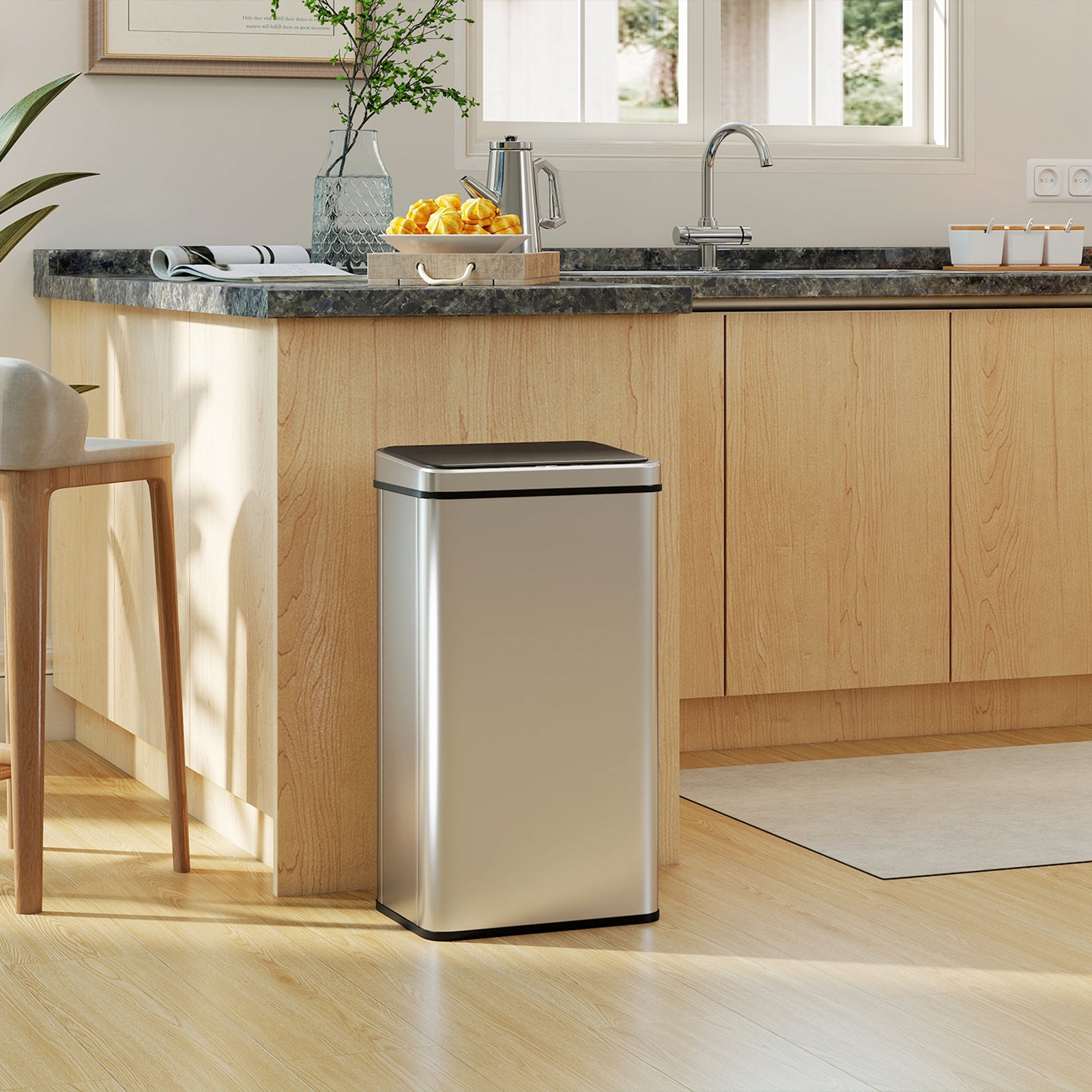 HOMCOM 50L Sensor Bin with Soft-Close Lid, Stainless Steel Automatic Touchless Motion Sensor Kitchen Bin, Silver Tone