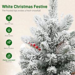 HOMCOM 60 cm Prelit Small Christmas Tree with 35 LED Lights, Snow Flocked Tabletop Mini Xmas Tree with 72 Dense Branches, Pine Cones, Berry Clusters and Linen Cover Base, Battery Operated, Green