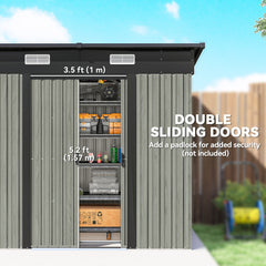 Outsunny 7 x 4ft Outdoor Storage Shed with Foundation Kit, Lean to Metal Garden Shed for Log, Rubbish Bin, Tool, Bike, Light Grey