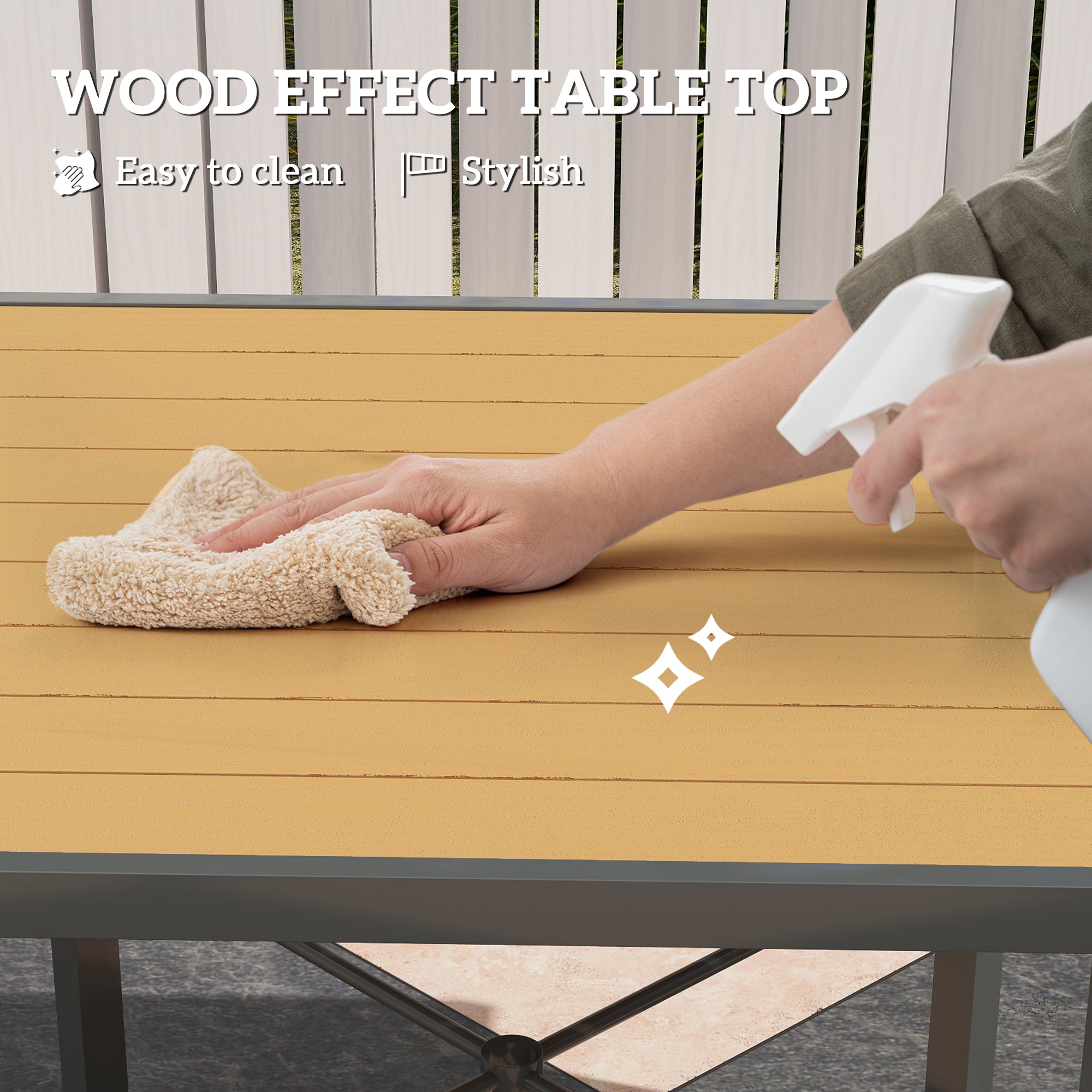 Outsunny Garden Table for 4, 90 cm Rectangular Outdoor Dining Table with 4.2 cm Umbrella Hole, Wood Effect Top, Rust Resistant Frame, for Patio, Balcony, Terrace, Natural Wood Finish