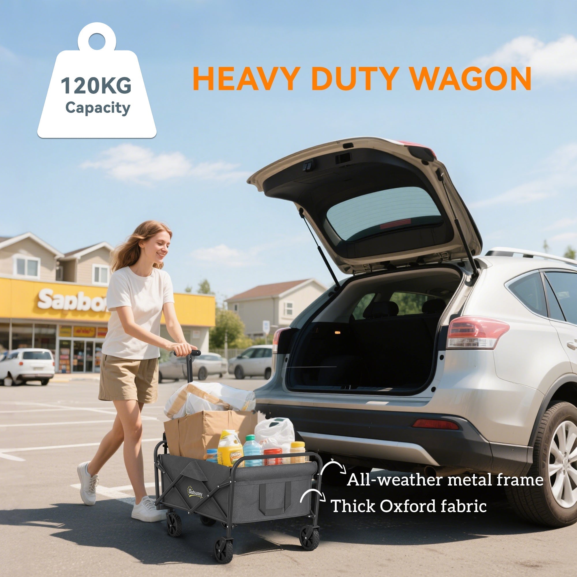 Outsunny 62L Festival Trolley on Wheels, Garden Folding Trolley Cart, 120kg Heavy Duty Collapsible Folding Wagon with Adjustable Handle and Carrying Bag for Beach, Camping, Festival, Grey