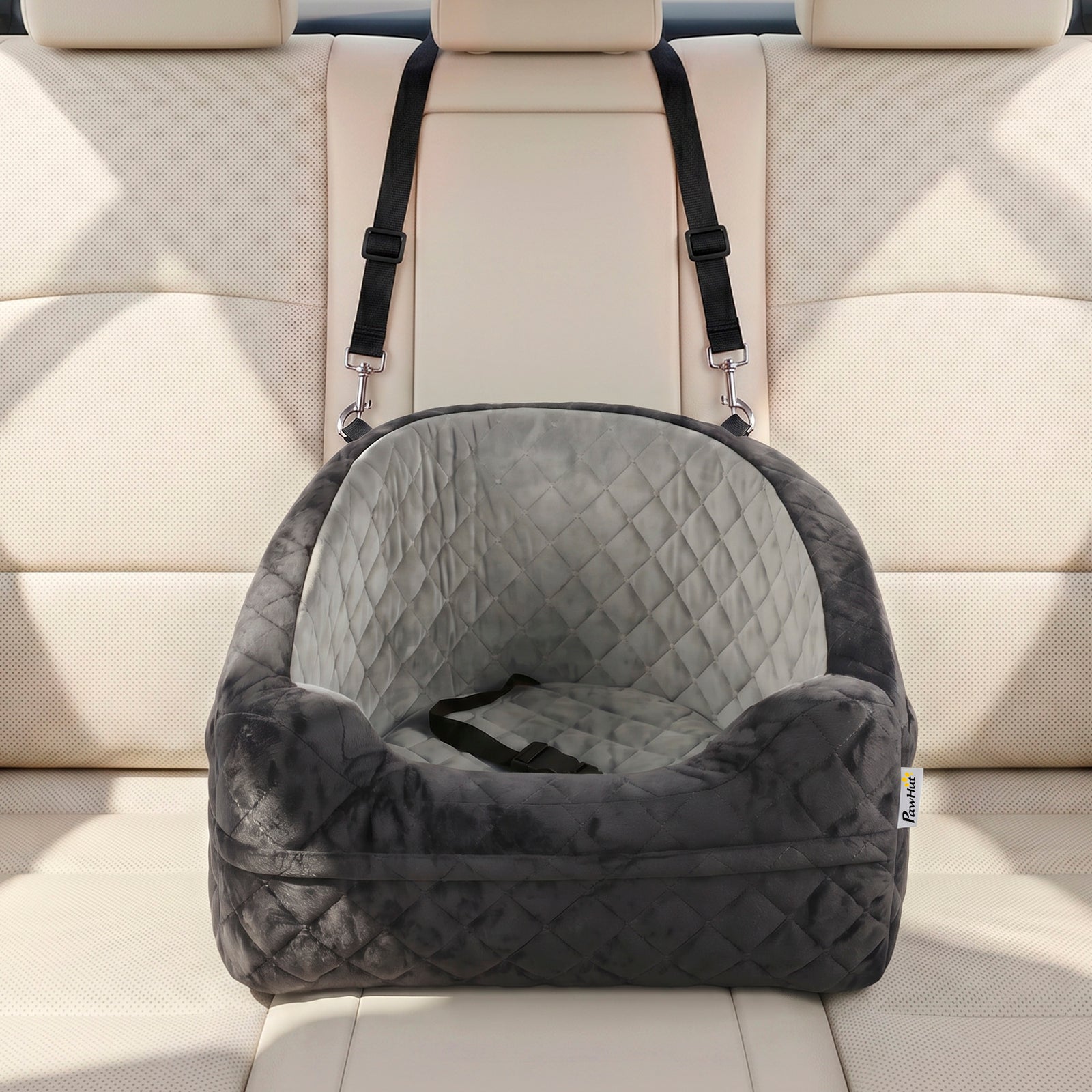 PawHut Dog Car Seat, Detachable Washable Dog Booster Seat with Thick Cushion, Seat Belt, Pockets for Small Under 10kg, Grey