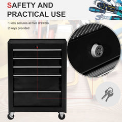 HOMCOM 5-Drawer Tool Box on Wheels, Lockable Tool Storage Cabinet with EVA Pat, Black - product image 4