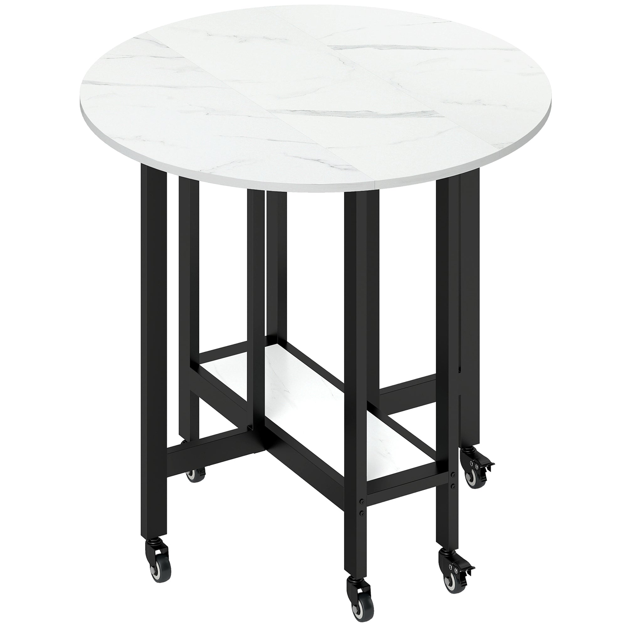 HOMCOM Folding Dining Table, Drop Leaf Table with Open Shelf, Rolling Kitchen Table for Dining Room, Small Spaces, White Marble