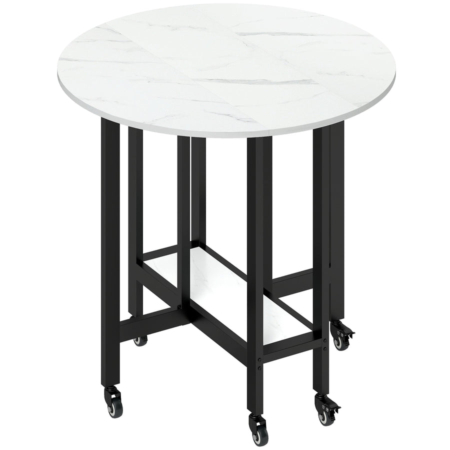 HOMCOM Folding Dining Table, Drop Leaf Table with Open Shelf, Rolling Kitchen Table for Dining Room, Small Spaces, White Marble