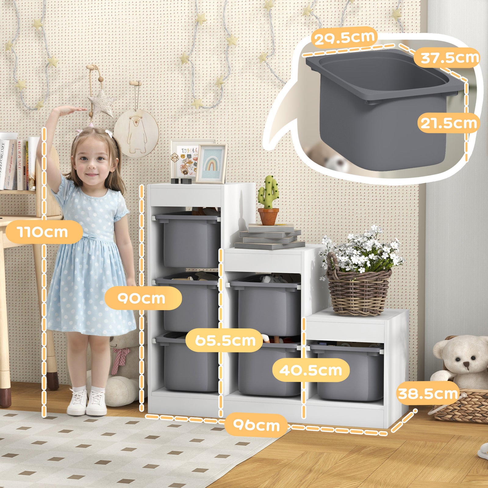 AIYAPLAY Toy Storage Organiser, Three-Layer Kids Toy Storage Units, with Removable Bins, for Ages 3-8 Years, Grey