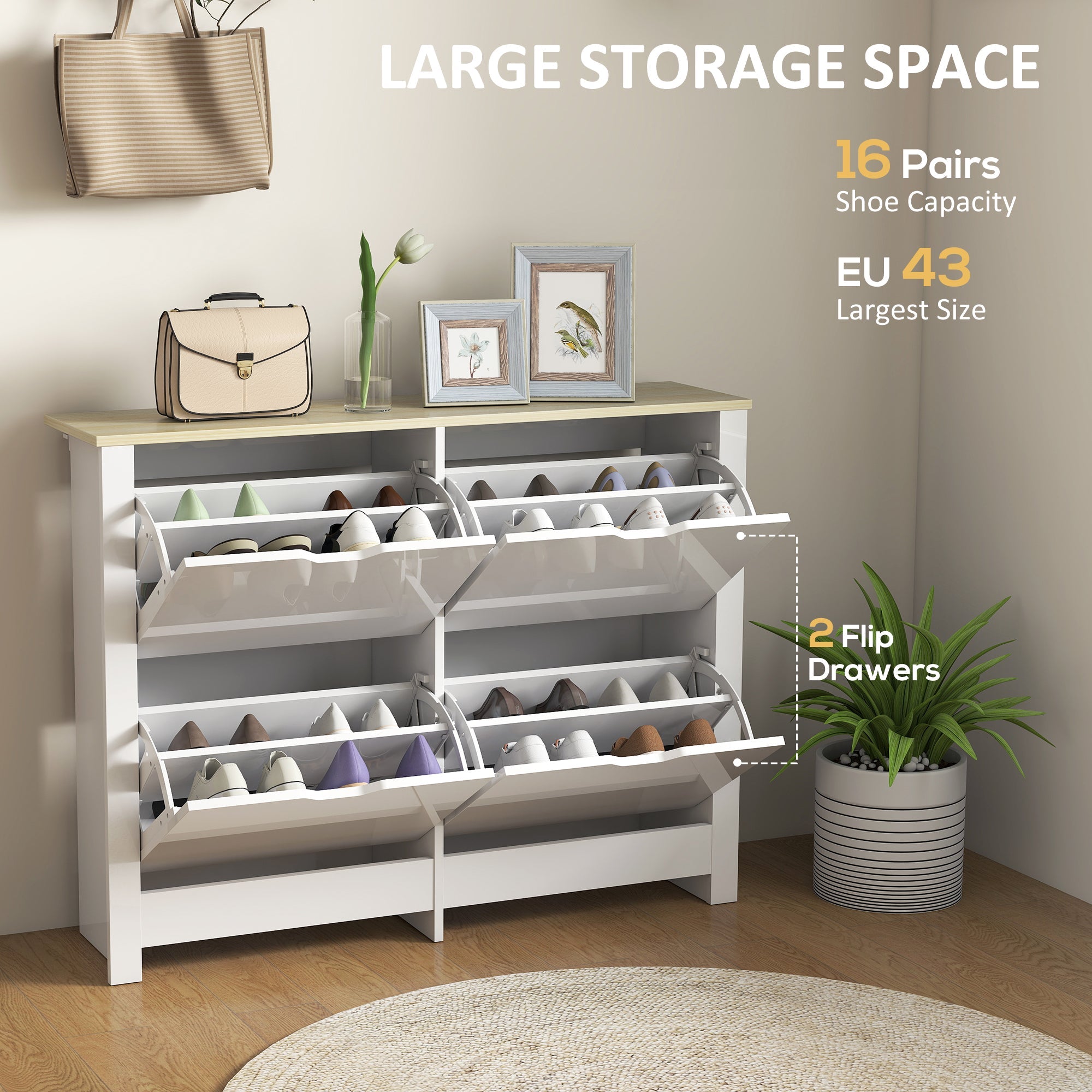 HOMCOM Slim Shoe Cabinet, Narrow Shoe Cupboard with 4 Flip Drawers, Adjustable Shelves for 16 Pairs of Shoes, White