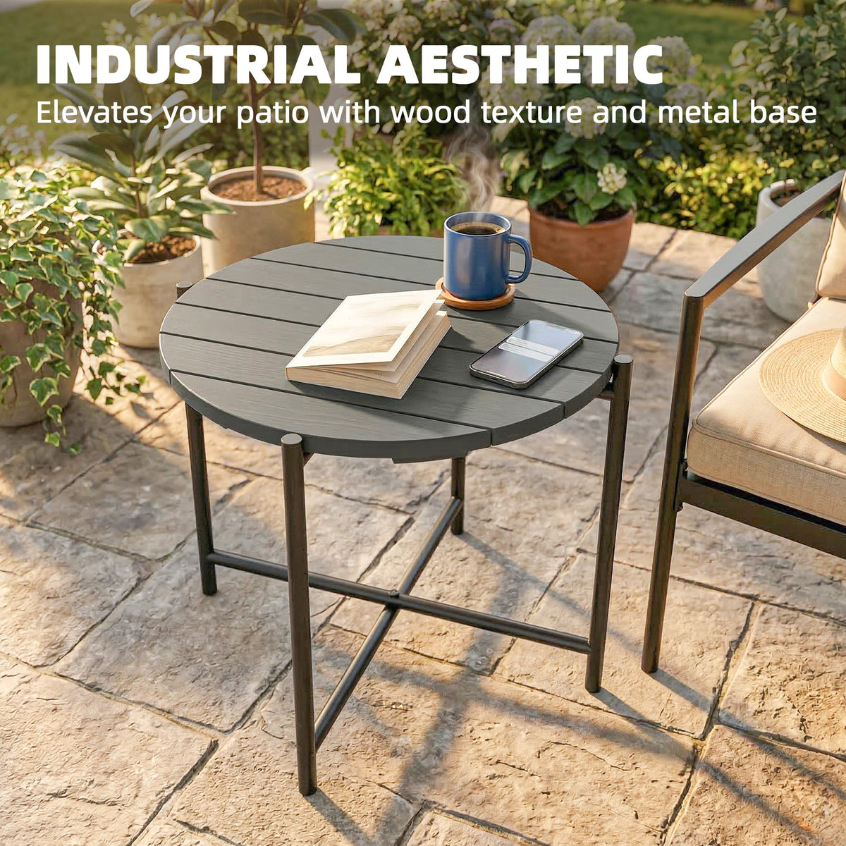 Outsunny 54 cm Round Outdoor Side Table, Industrial Small Garden Table with Slatted Wood Top and Metal Frame, Dark Grey