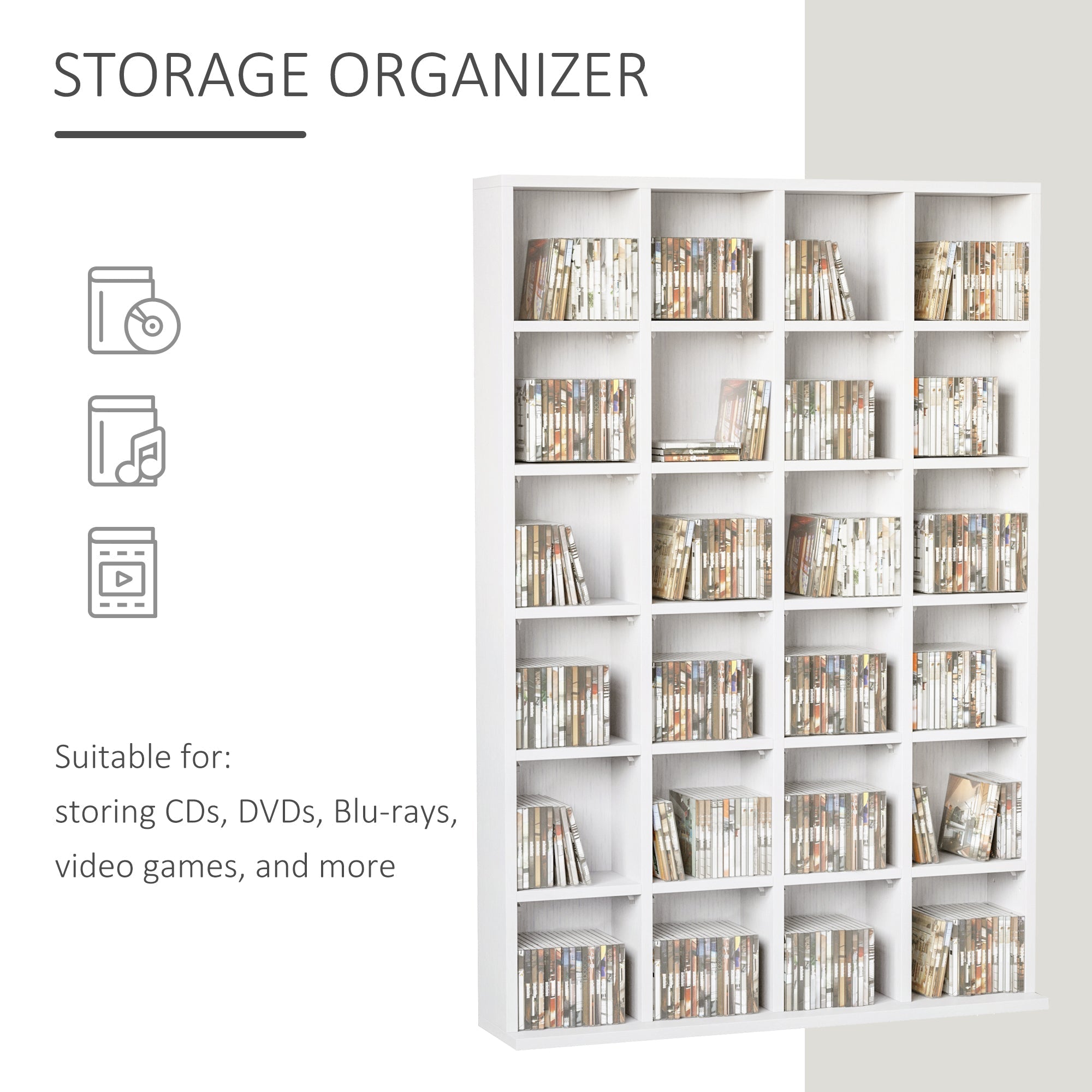 HOMCOM CD Storage Unit with Adjustable Shelves, 89 x 130.5 cm, White
