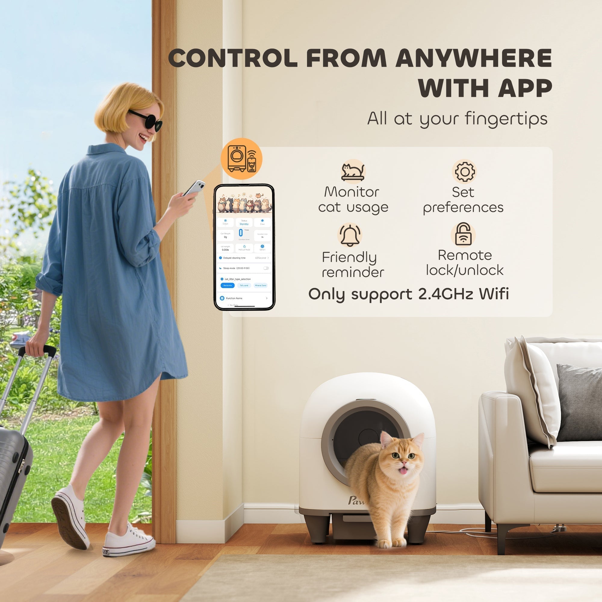 PawHut 80L Extra Large Self Cleaning Cat Litter Tray with APP Control, Safety Protection, Odor Removal, Rubbish Bag for Multiple Kittens