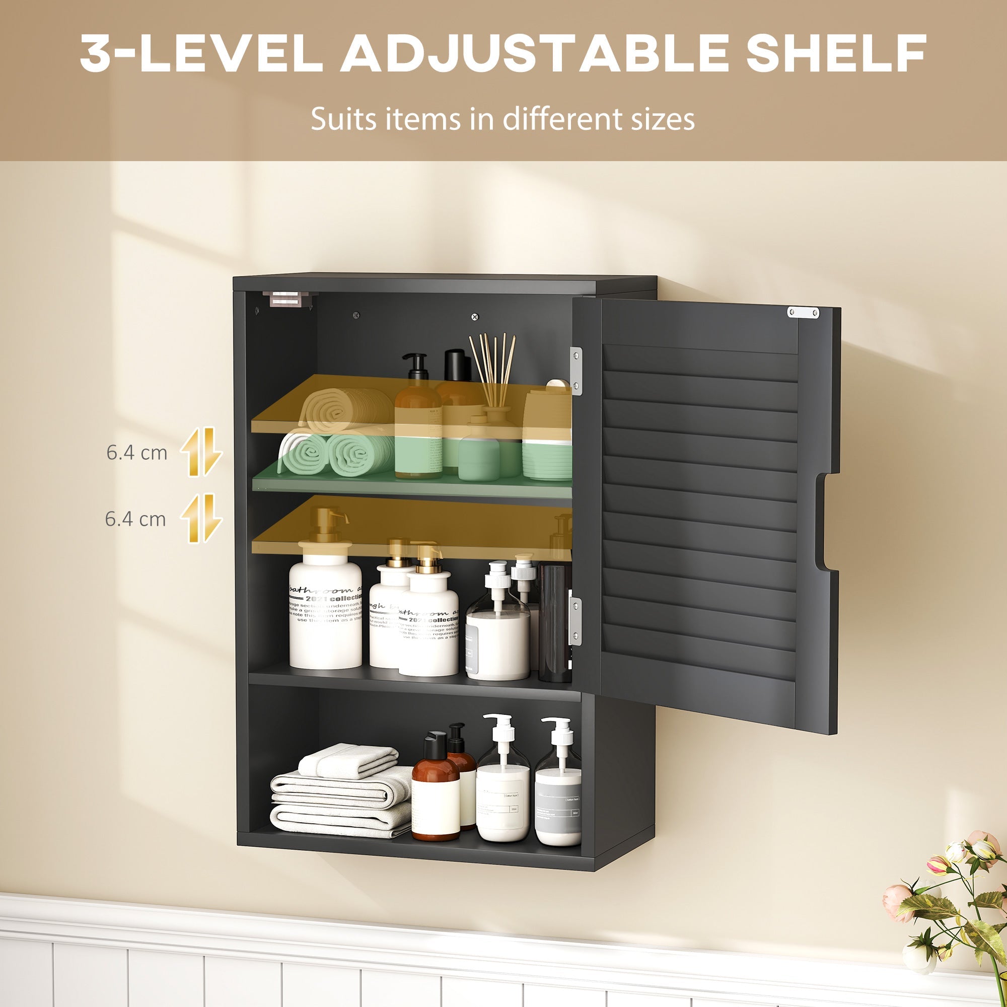 HOMCOM Bathroom Cabinet, Wall Mounted Storage Cabinet with Adjustable Shelves, 40 x 20 x 60 cm, Black